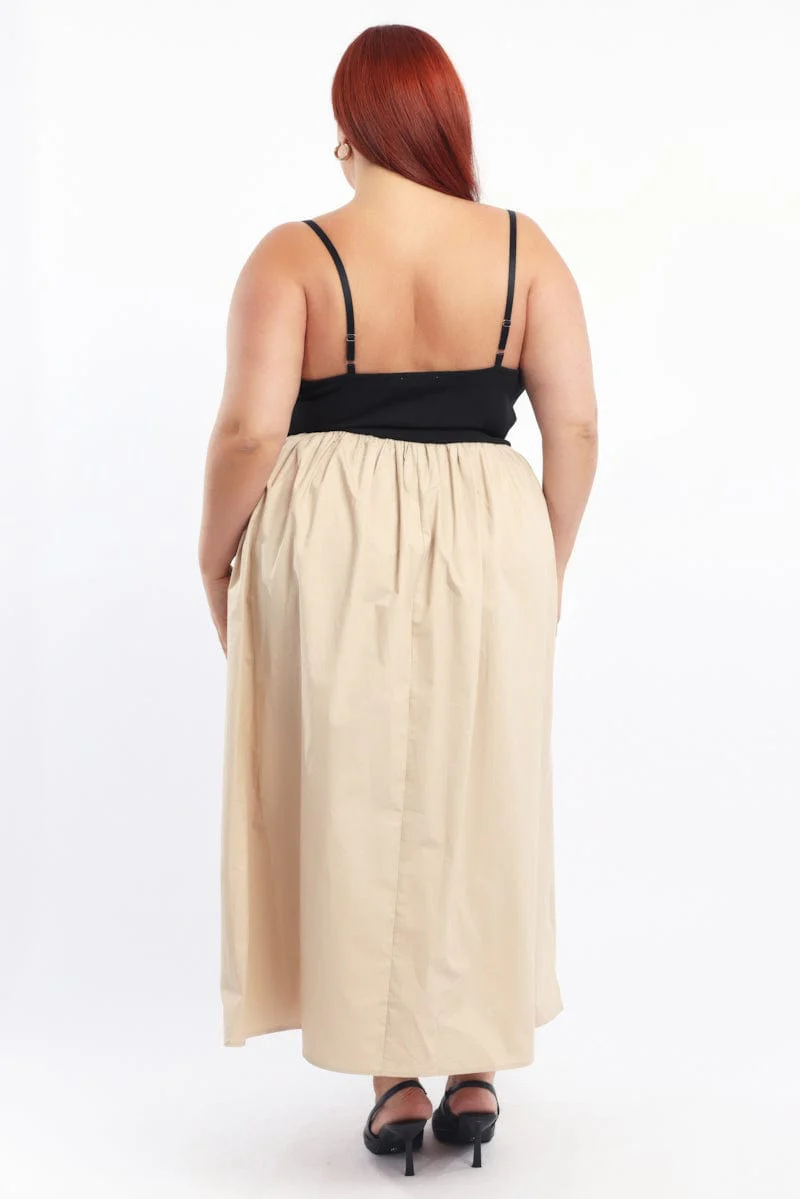 Beige Midi Dress Sleeveless Poplin Skirt - Image 4