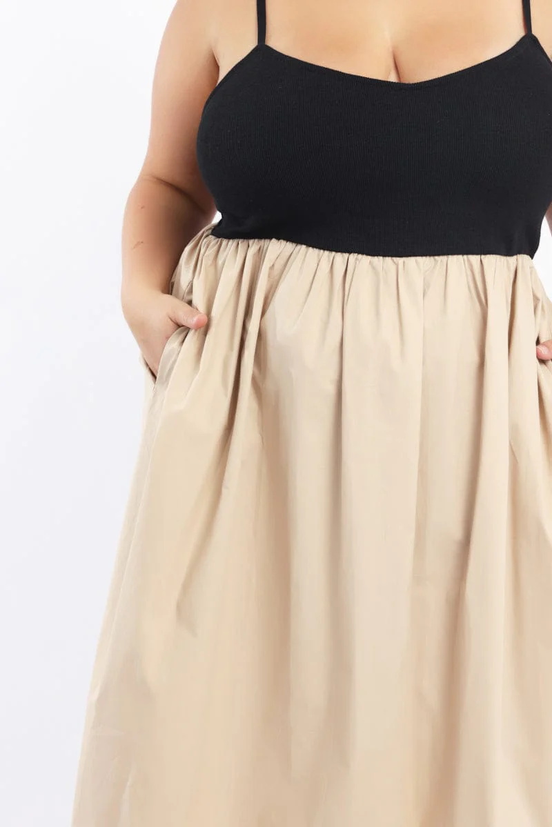 Beige Midi Dress Sleeveless Poplin Skirt - Image 5