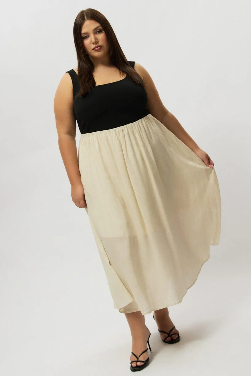 Beige Midi Dress Sleeveless Scoop Neck Linen Blend - Image 2