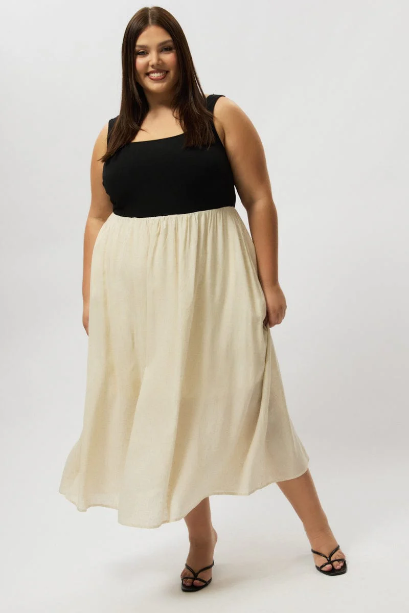 Beige Midi Dress Sleeveless Scoop Neck Linen Blend - Image 3