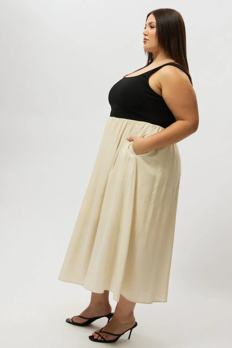 Beige Midi Dress Sleeveless Scoop Neck Linen Blend - Image 4