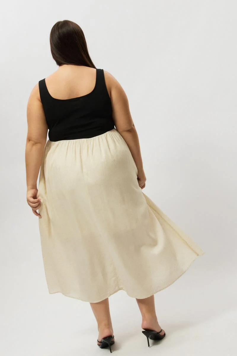 Beige Midi Dress Sleeveless Scoop Neck Linen Blend - Image 5
