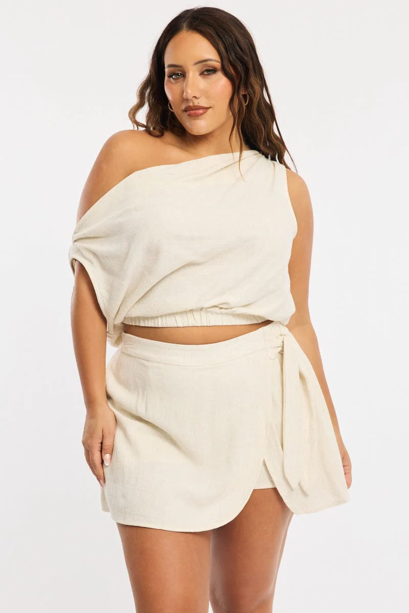 Beige Mini Skirt Tie Waist Linen Blend