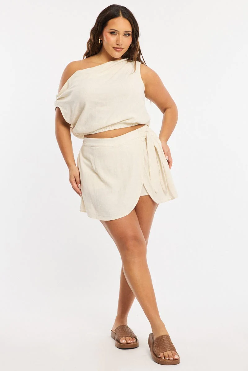 Beige Mini Skirt Tie Waist Linen Blend - Image 3