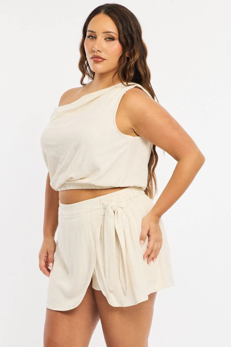 Beige Mini Skirt Tie Waist Linen Blend - Image 4