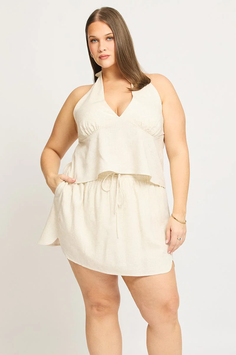 Beige Mini Skort Linen Blend