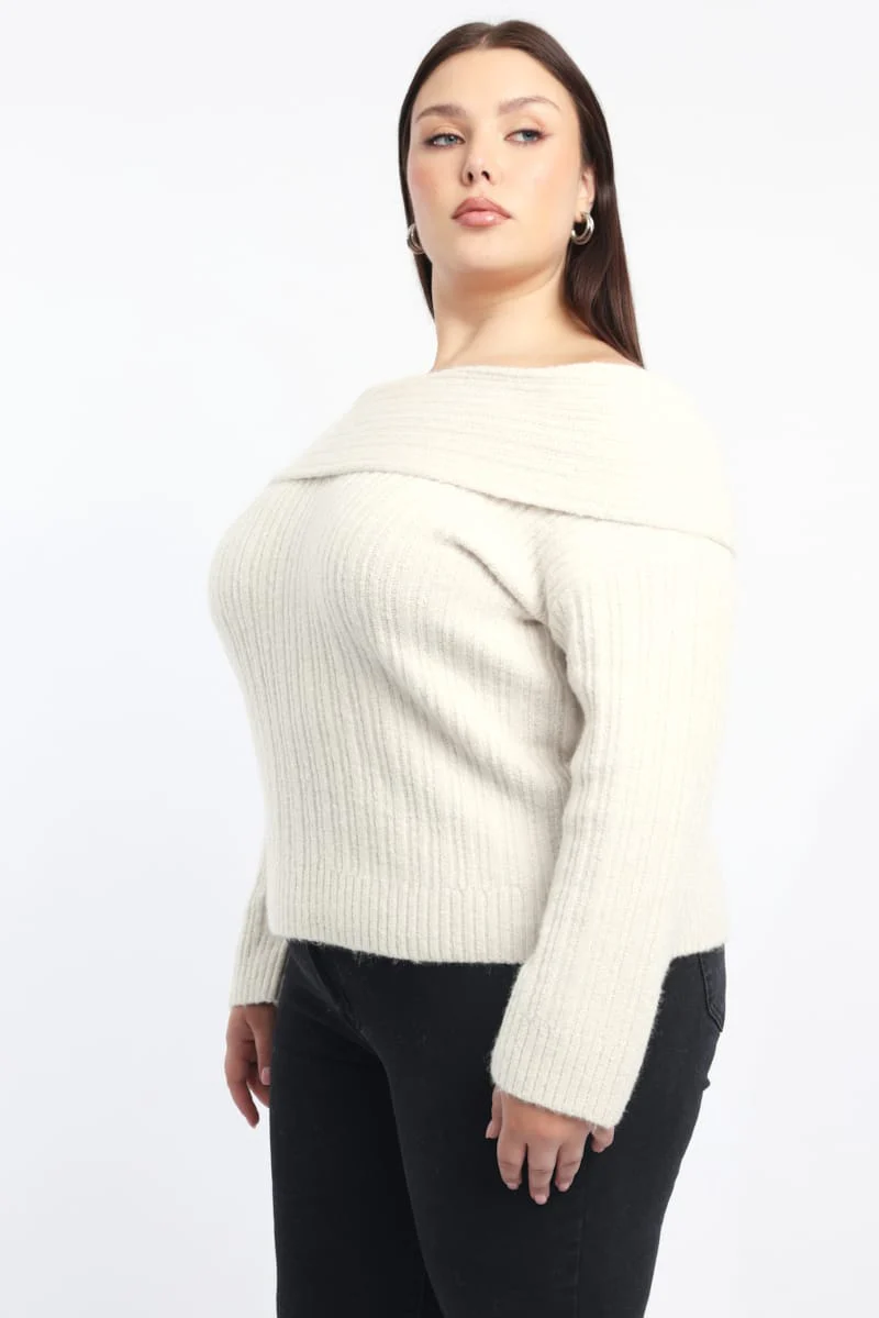 Beige Off Shoulder Knit Long Sleeve - Image 5
