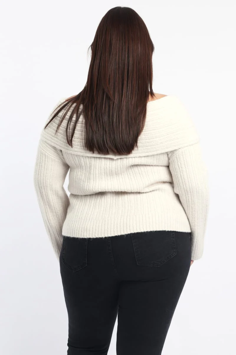 Beige Off Shoulder Knit Long Sleeve - Image 6