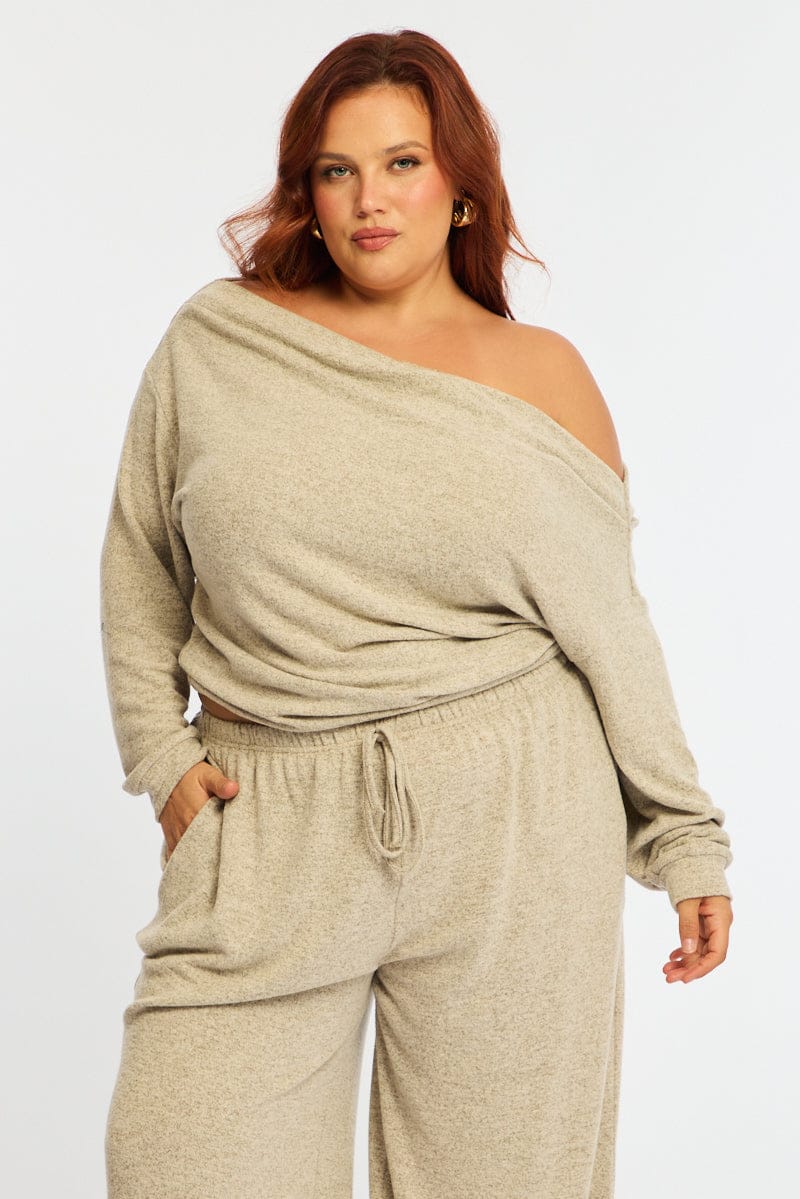 Beige Off Shoulder Top Long Sleeve - Image 2