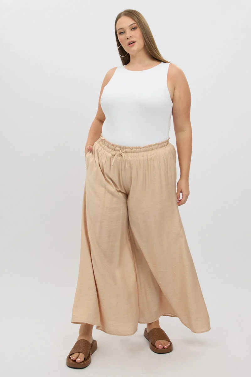 Beige Paperbag Waist Very Wide Leg Pants - Image 2