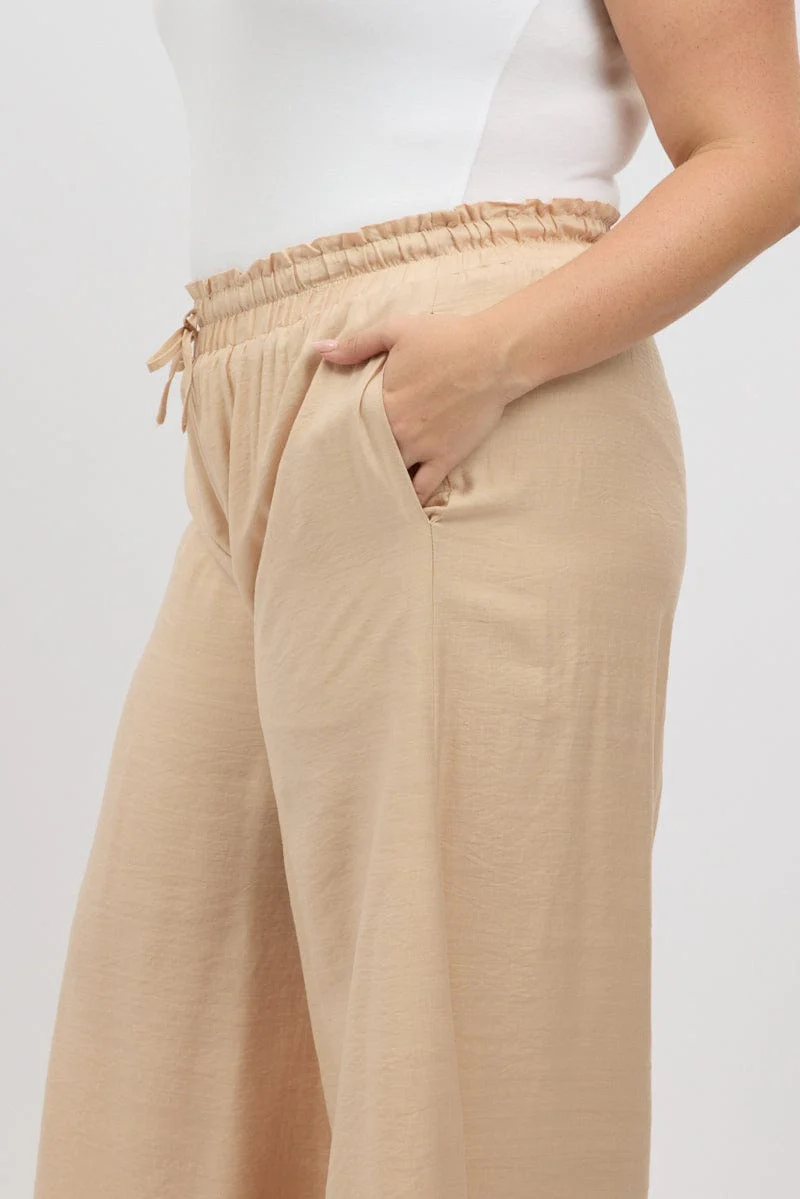 Beige Paperbag Waist Very Wide Leg Pants - Image 6