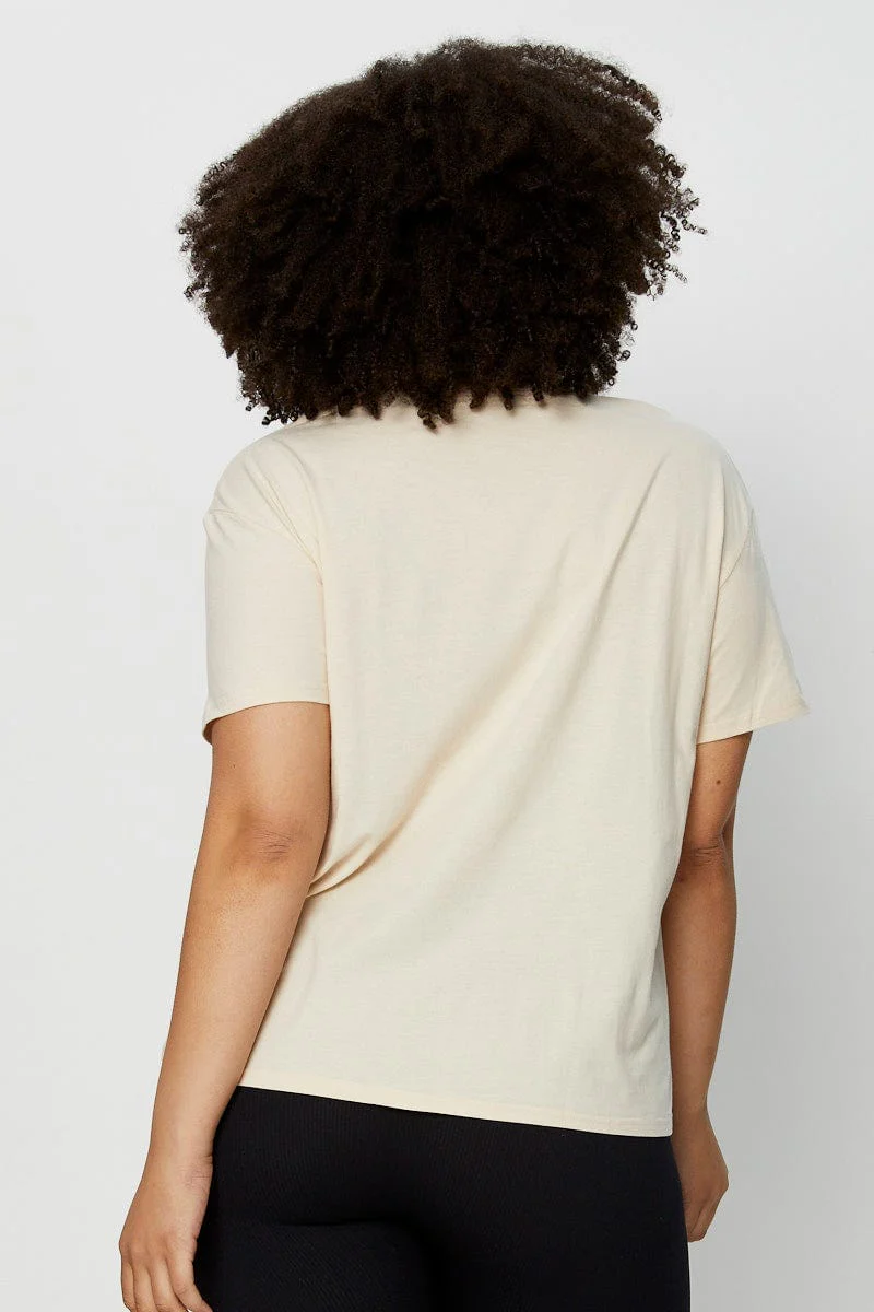 Beige Placement Cotton T-shirt Florida Embroidered Short Sleeve - Image 5