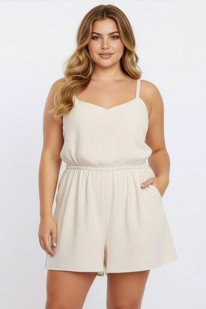 Beige Playsuit Sleeveless Tie Back - Image 2