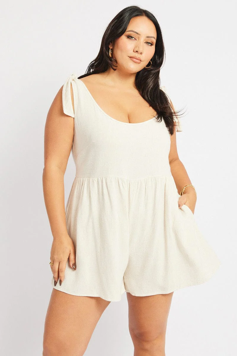 Beige Playsuit Sleeveless Tie Shoulder Linen Blend - Image 2
