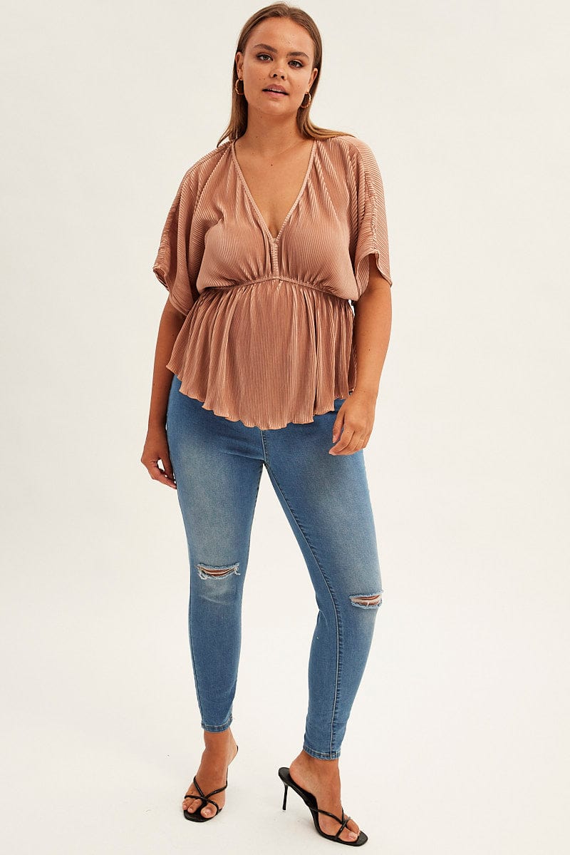 Beige Plisse Top Short Sleeve V-neck - Image 2