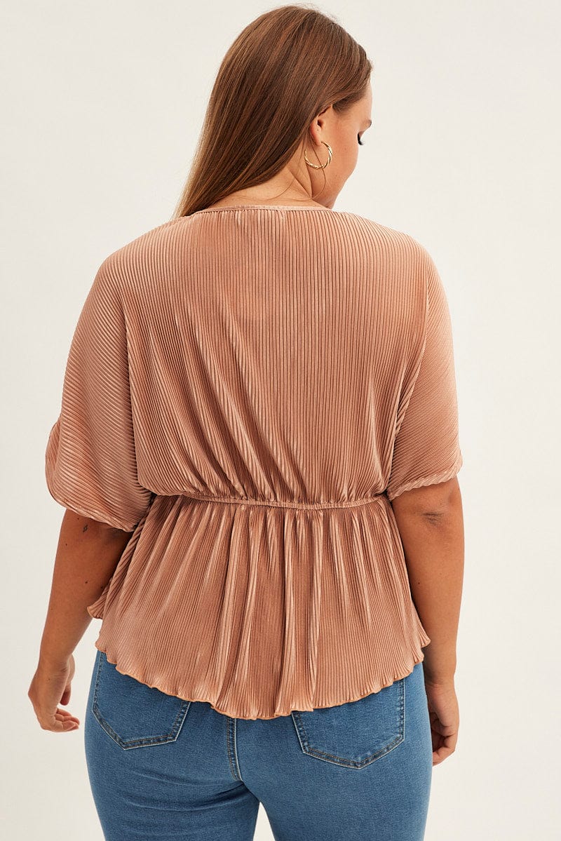 Beige Plisse Top Short Sleeve V-neck - Image 5