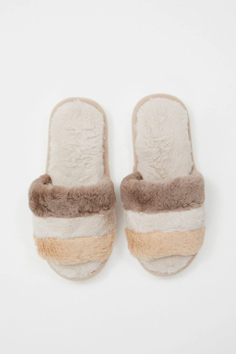 Beige Plush Faux Fur Stripe Mule Slippers - Image 2
