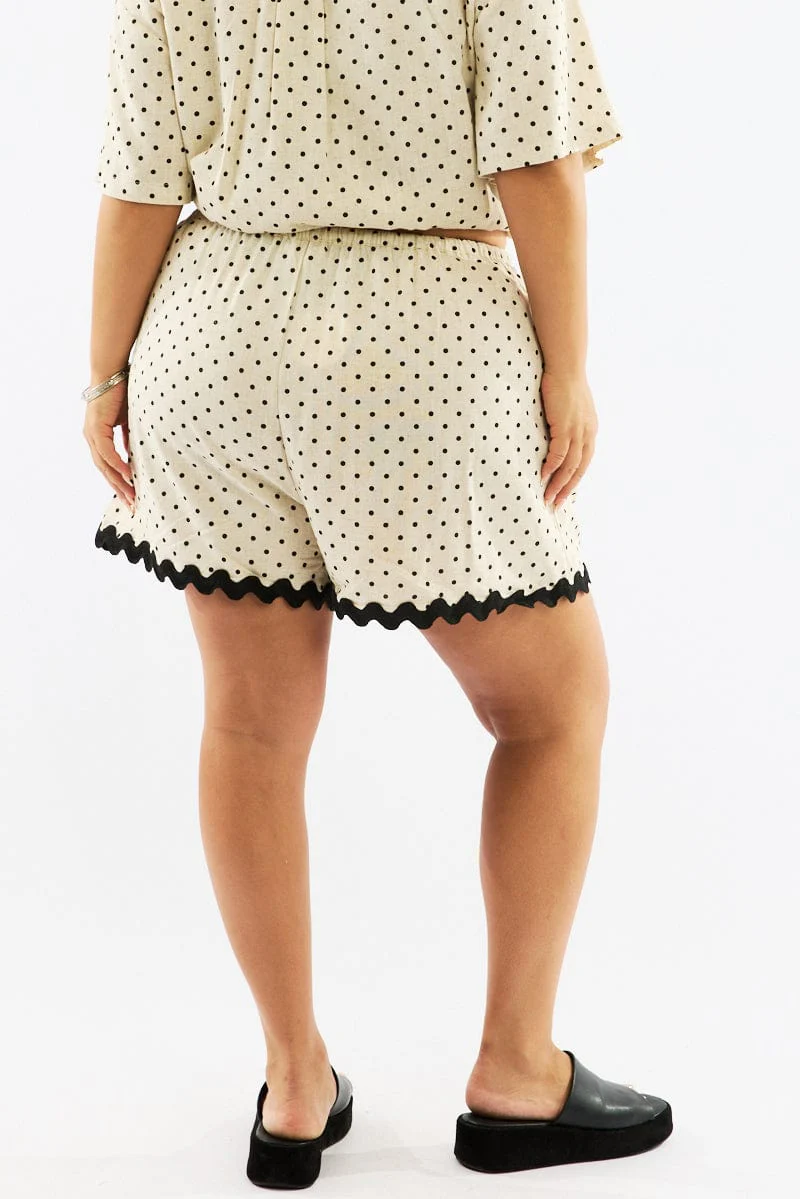 Beige Polka Dot Elastic Waist Linen Blend Ric Rac Trim Shorts - Image 5