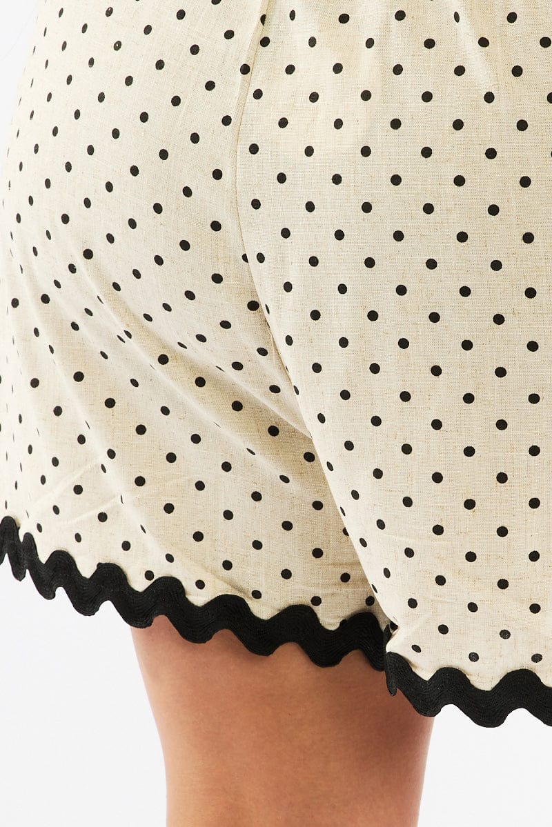 Beige Polka Dot Elastic Waist Linen Blend Ric Rac Trim Shorts - Image 6
