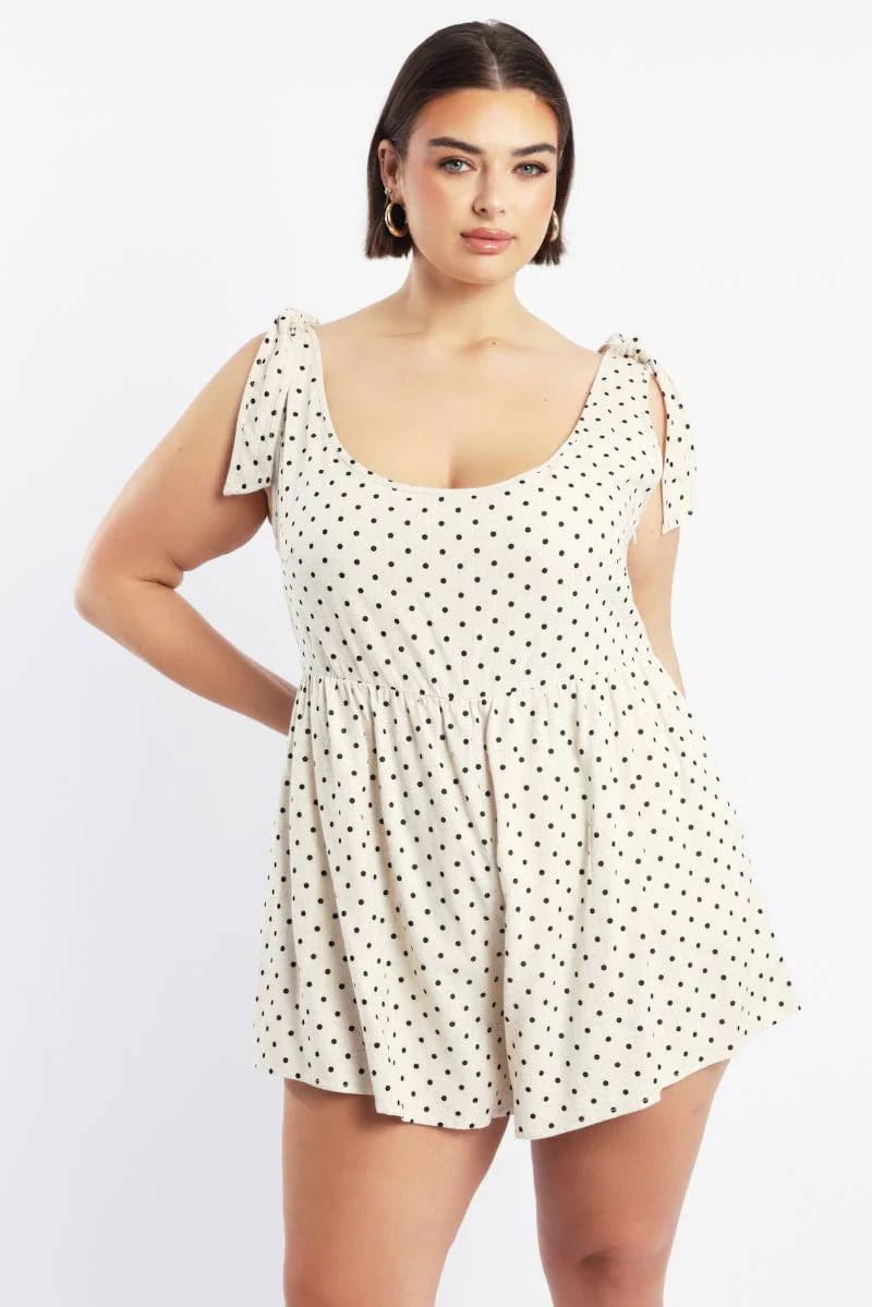 Beige Polka Dot Playsuit Sleeveless Shoulder Tie Linen Blend