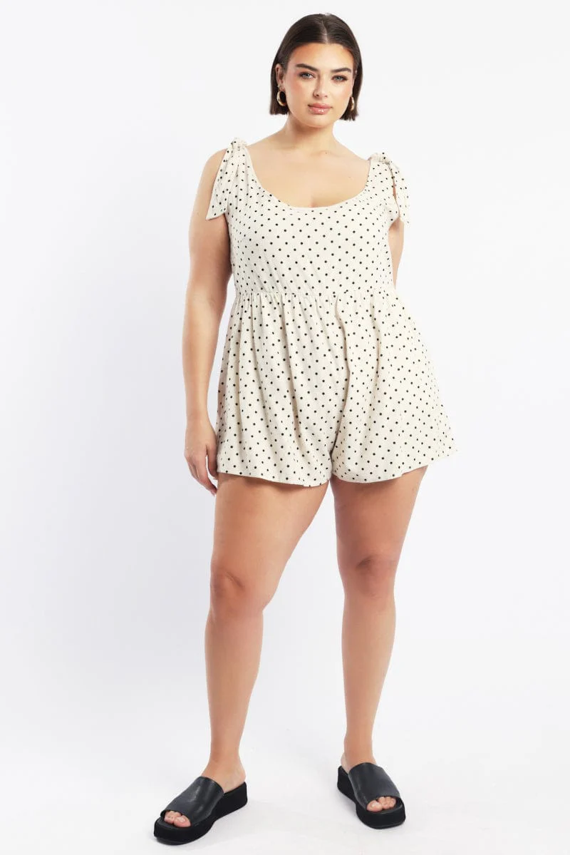 Beige Polka Dot Playsuit Sleeveless Shoulder Tie Linen Blend - Image 2