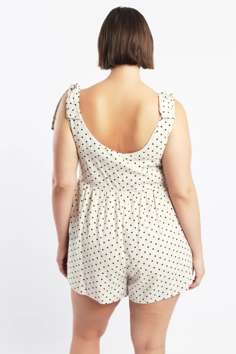 Beige Polka Dot Playsuit Sleeveless Shoulder Tie Linen Blend - Image 4