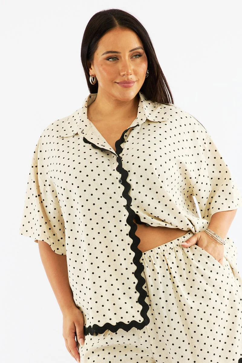 Beige Polka Dot Relaxed Shirt Short Sleeve Linen Blend - Image 2