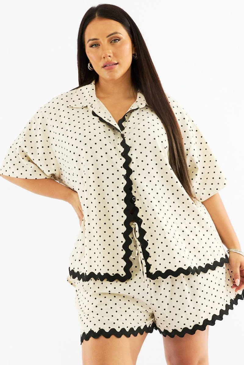Beige Polka Dot Relaxed Shirt Short Sleeve Linen Blend - Image 3
