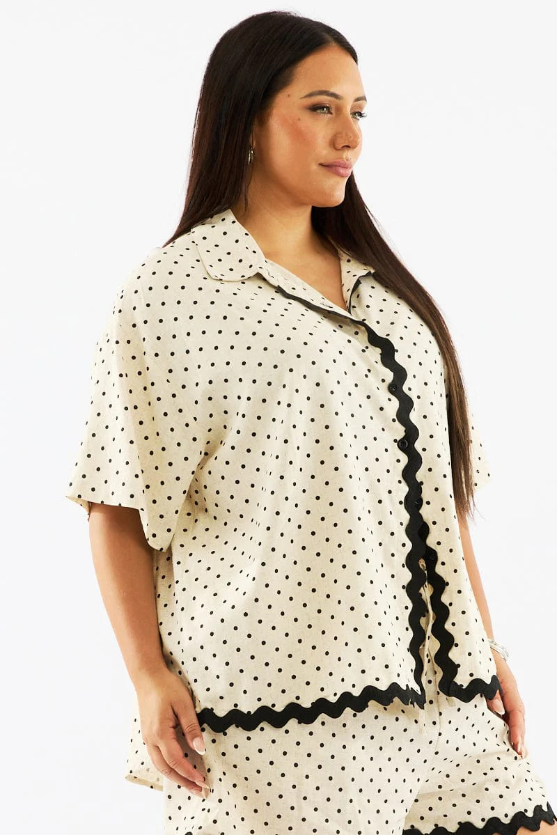 Beige Polka Dot Relaxed Shirt Short Sleeve Linen Blend - Image 4