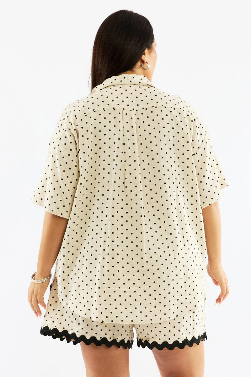 Beige Polka Dot Relaxed Shirt Short Sleeve Linen Blend - Image 5