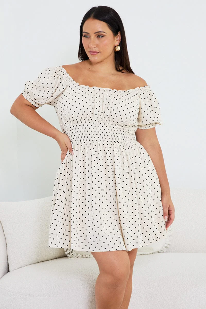 Beige Polka Dot Shirred Waist Linen Blend Minidress