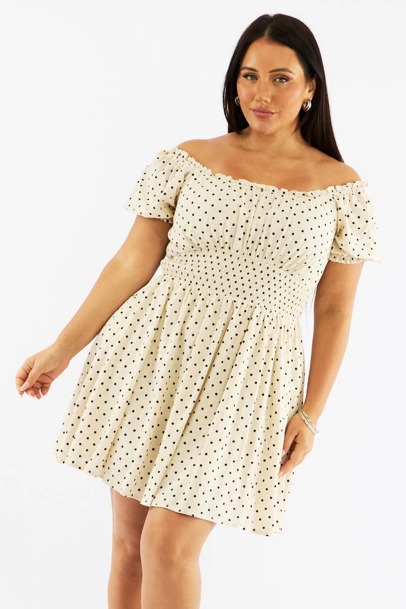Beige Polka Dot Shirred Waist Linen Blend Minidress - Image 2