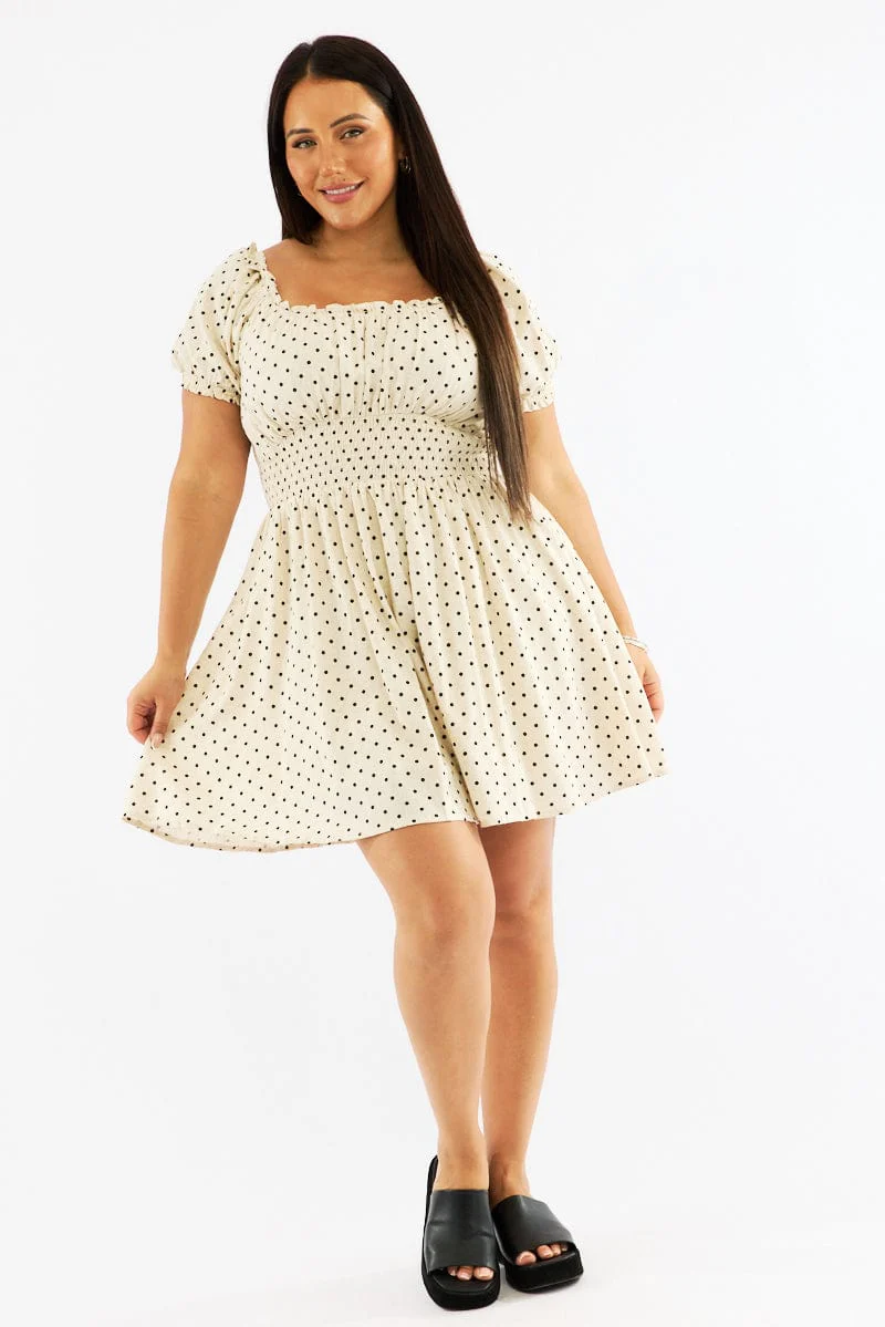 Beige Polka Dot Shirred Waist Linen Blend Minidress - Image 3