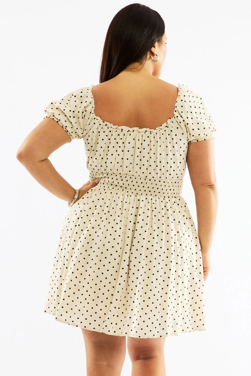 Beige Polka Dot Shirred Waist Linen Blend Minidress - Image 5