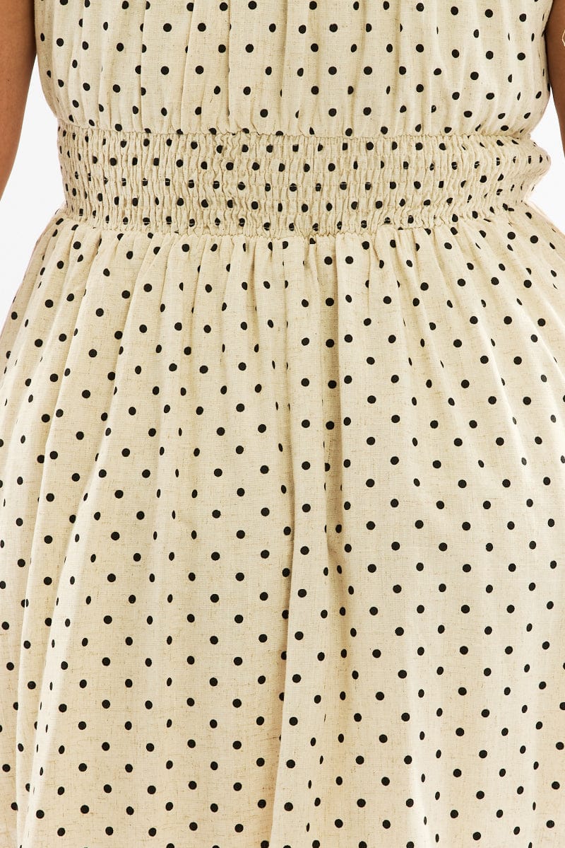 Beige Polka Dot Shirred Waist Linen Blend Minidress - Image 6