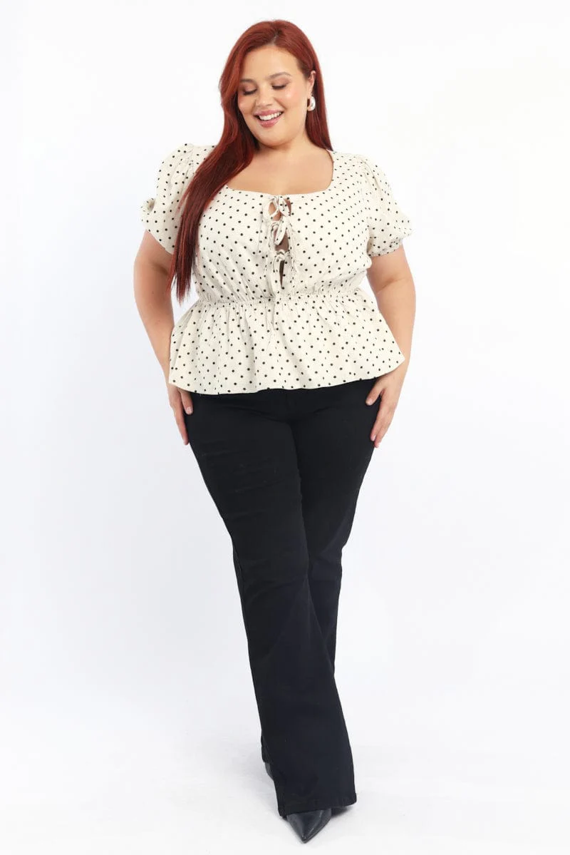 Beige Polka Dot Tie Front Peplum Top Linen Blend - Image 2