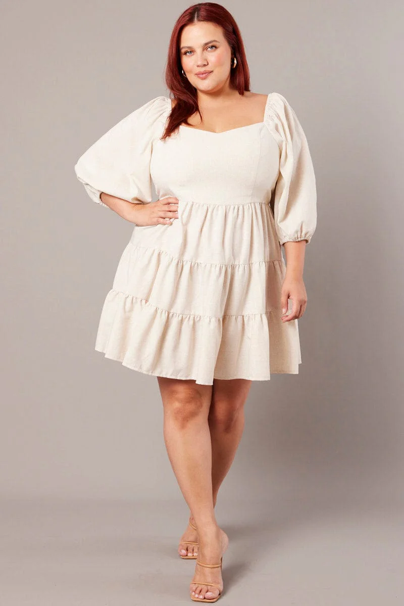 Beige Puff Three Quarter Sleeve Sweetheart Neck Dress - Image 2