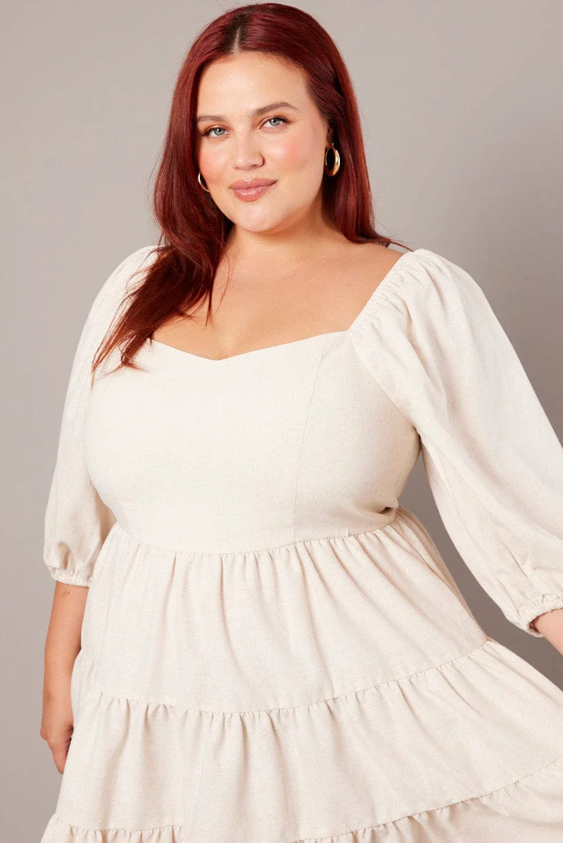 Beige Puff Three Quarter Sleeve Sweetheart Neck Dress - Image 3