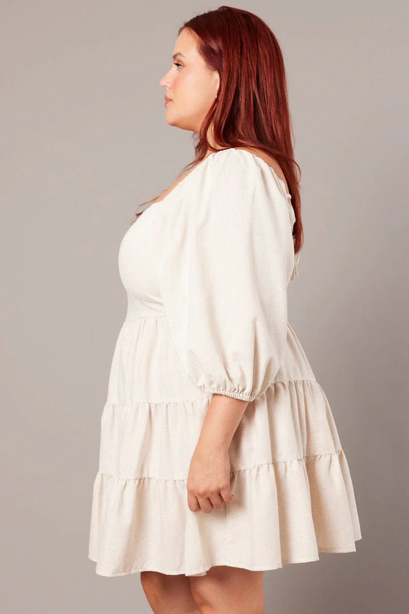 Beige Puff Three Quarter Sleeve Sweetheart Neck Dress - Image 4