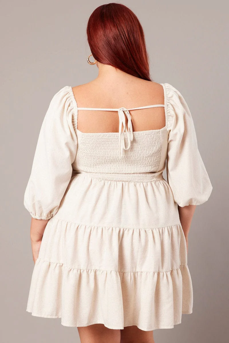 Beige Puff Three Quarter Sleeve Sweetheart Neck Dress - Image 5