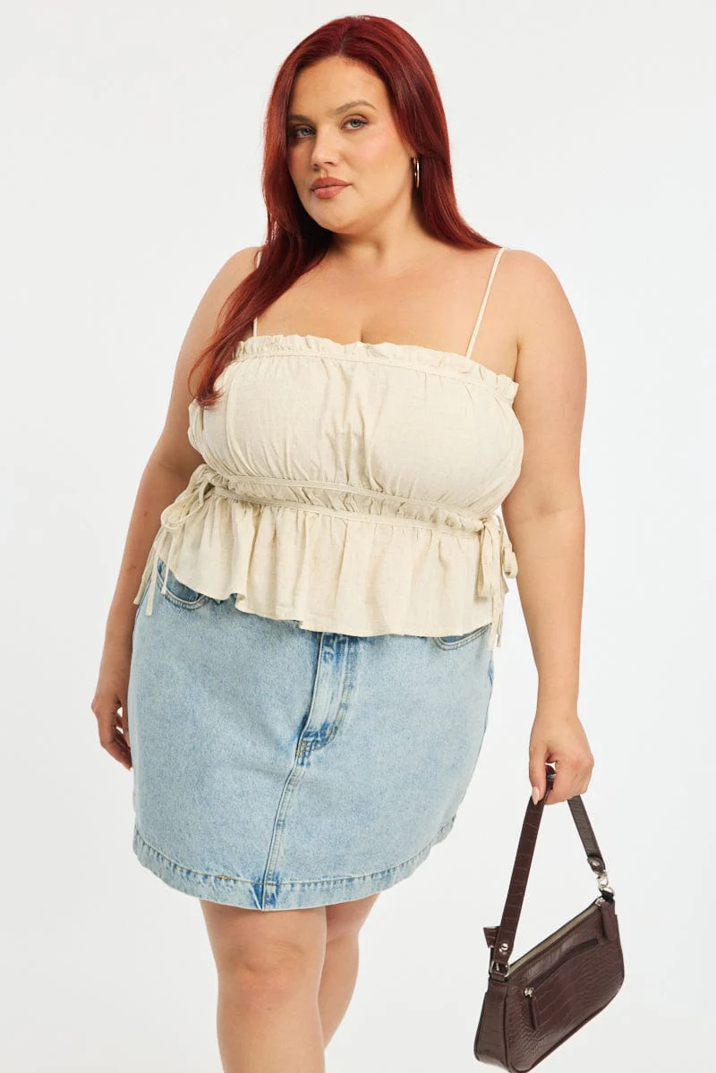 Beige Ruched Cami Top Linen Blend