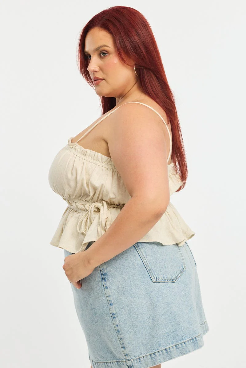 Beige Ruched Cami Top Linen Blend - Image 3