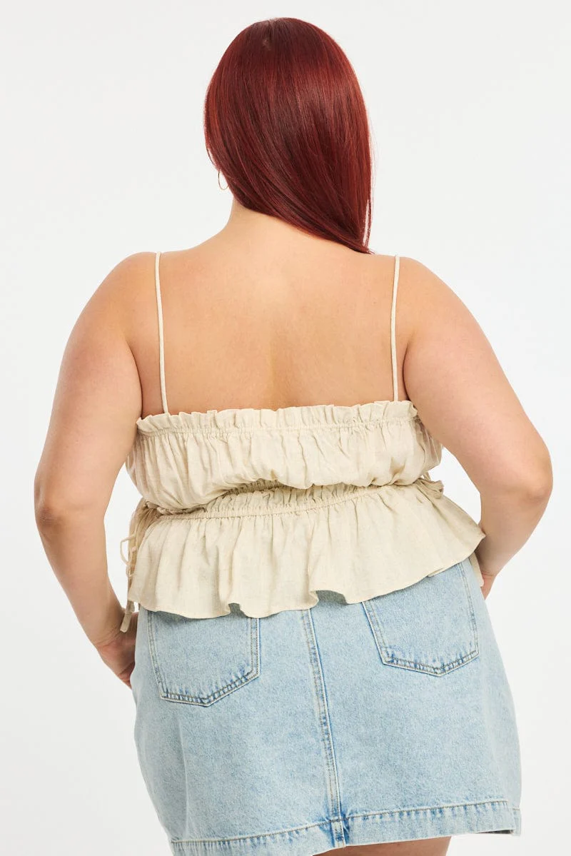 Beige Ruched Cami Top Linen Blend - Image 4