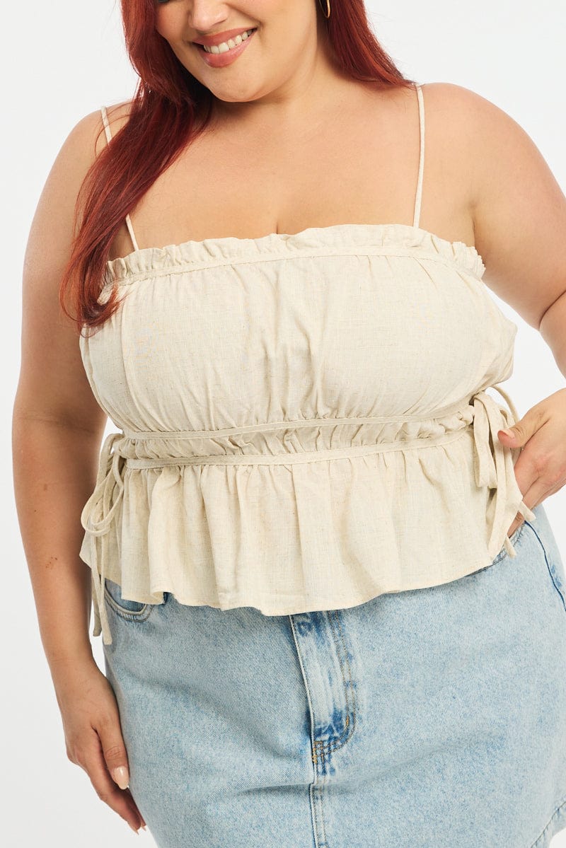 Beige Ruched Cami Top Linen Blend - Image 5