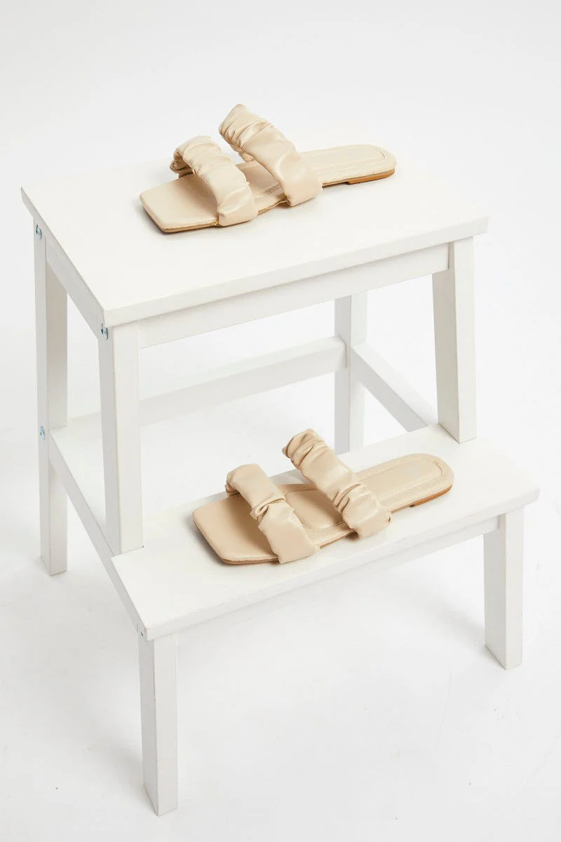 Beige Ruched Faux Leather Flat Slides - Image 2