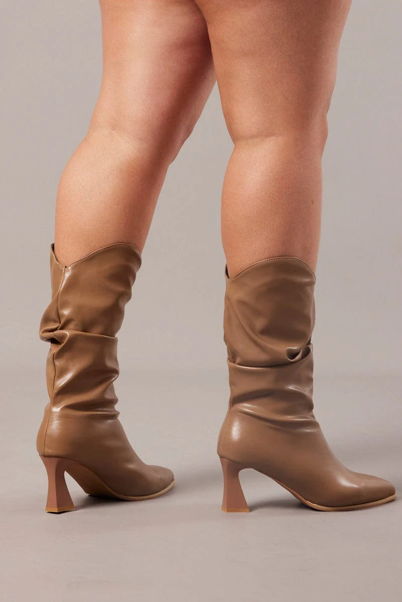 Beige Ruched Heeled Boots - Image 2