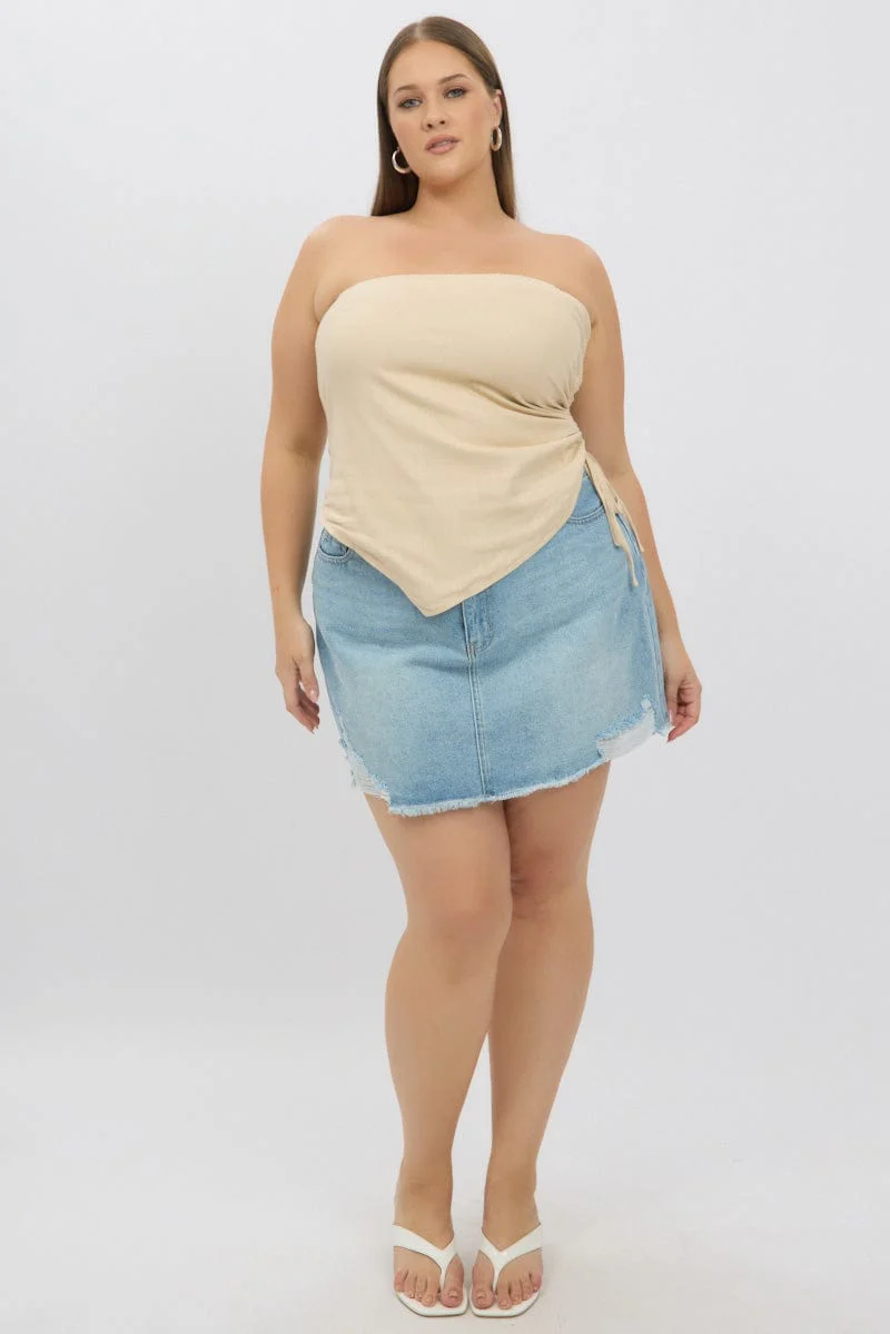Beige Ruched Tube Top Strapless Linen Blend - Image 2