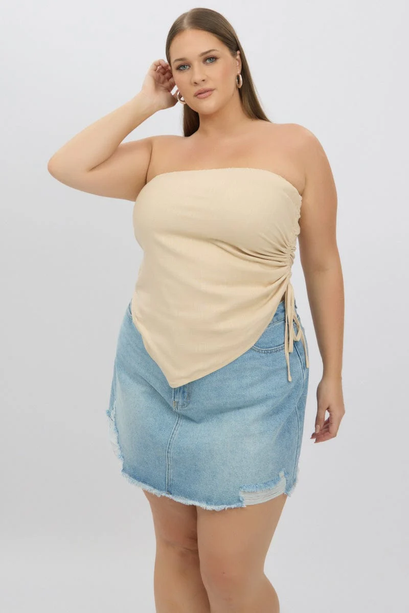 Beige Ruched Tube Top Strapless Linen Blend - Image 3