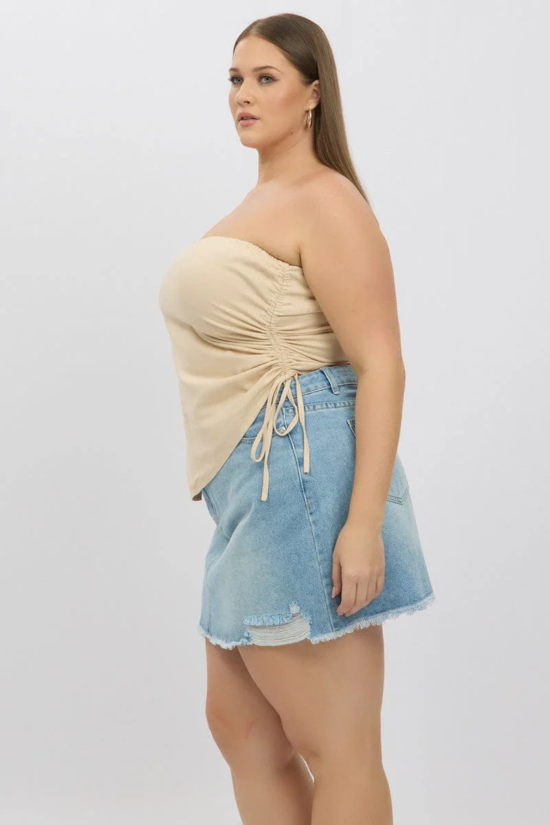Beige Ruched Tube Top Strapless Linen Blend - Image 4