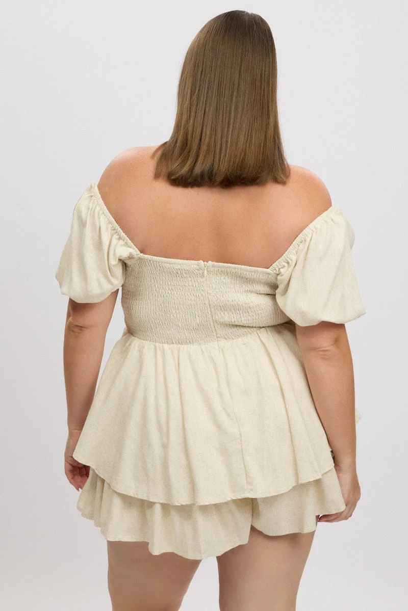 Beige Ruffle Playsuit Short Sleeve Ruched Bust - Image 5